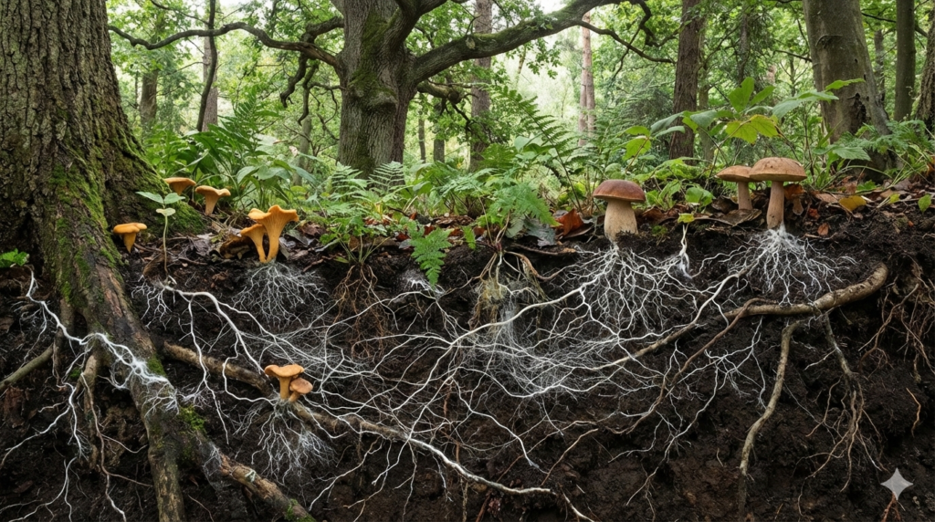 Een beeld over hoe de wortels van bomen en planten zijn verbonden door het mycelium van paddenstoelen