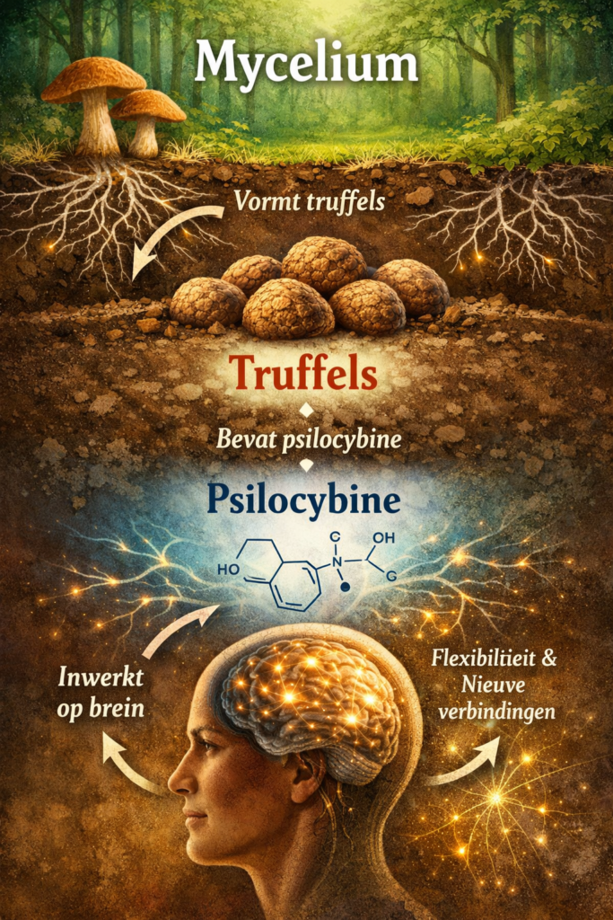 Grafische weergave van Psilocybine & Mycelium: Hoe Truffels en Natuur Samenwerken