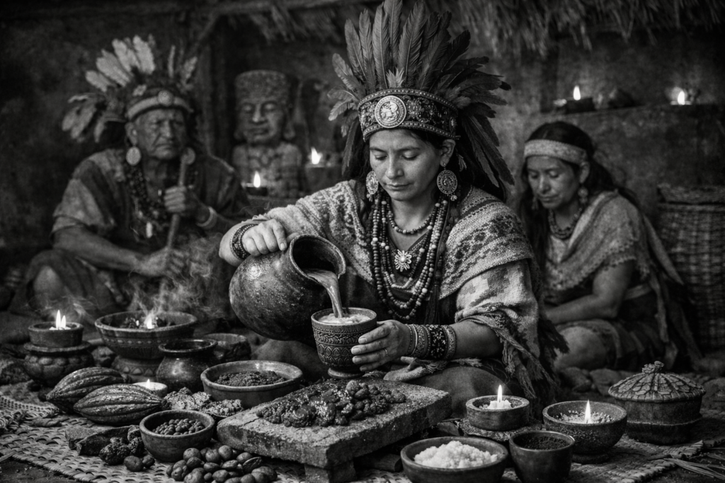 Inheemse cultuur uit Meso-Amerika in een cacao ceremonie